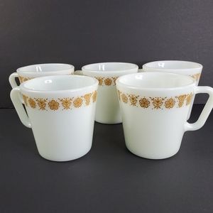 Vintage Pyrex Butterfly Gold Coffee Cups Corelle D Handle Retro Set of 5